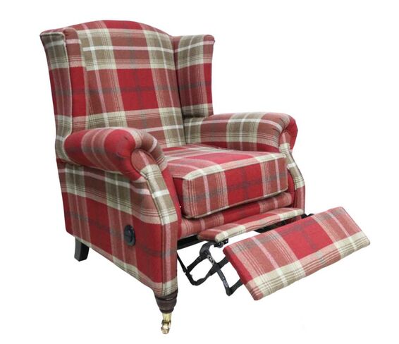 Reclining Wing Chair Fireside High Back Armchair Balmoral Red Check Fabric P&S