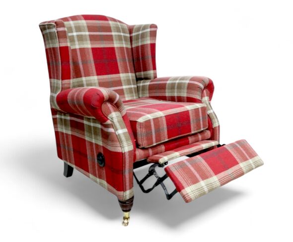 Reclining Wing Chair Fireside High Back Armchair Balmoral Red Check Fabric P&S