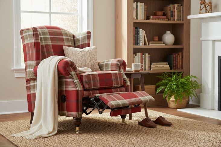 Reclining Wing Chair Fireside High Back Armchair Balmoral Red Check Fabric P&S