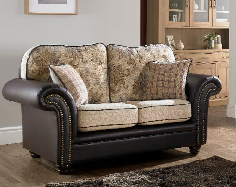 Product photograph of Regency 2 Seater Sofa Settee Oatmeal Fabric Brown Faux Leather from Designer Sofas 4U