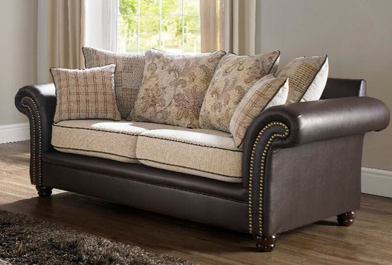 Product photograph of Regency 3 Seater Sofa Settee Oatmeal Fabric Brown Faux Leather from Designer Sofas 4U