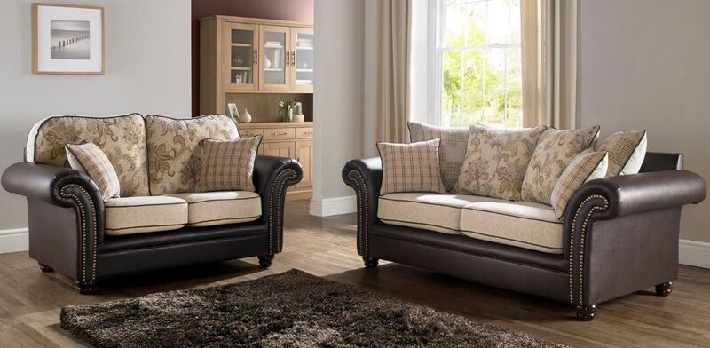 Product photograph of Regency 3 2 Seater Sofa Settee Oatmeal Fabric Brown Faux Leather from Designer Sofas 4U