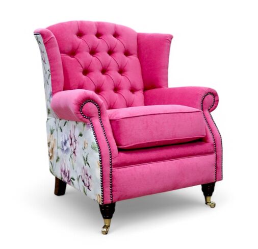 Sherlock Buttoned Wing Chair Fireside High Back Armchair Pimlico Fuchsia Pink & Gardena Aubergine