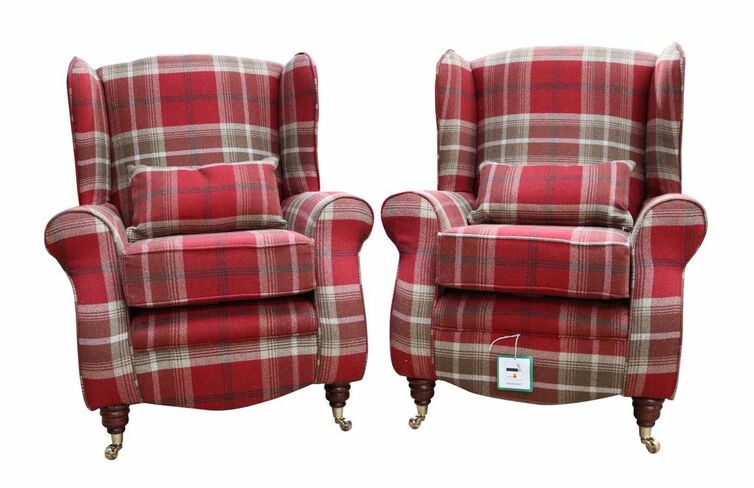 2 x Sherlock Wingback Fireside High Back Armchairs Balmoral Red Check P&S