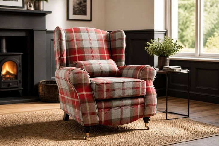 Sherlock Wingback Fireside High Back Armchair Balmoral Cherry Check P&S