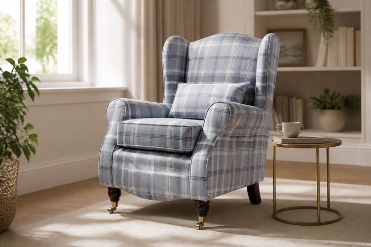 Sherlock Wingback Fireside High Back Armchair Balmoral Dove Grey Check P&S