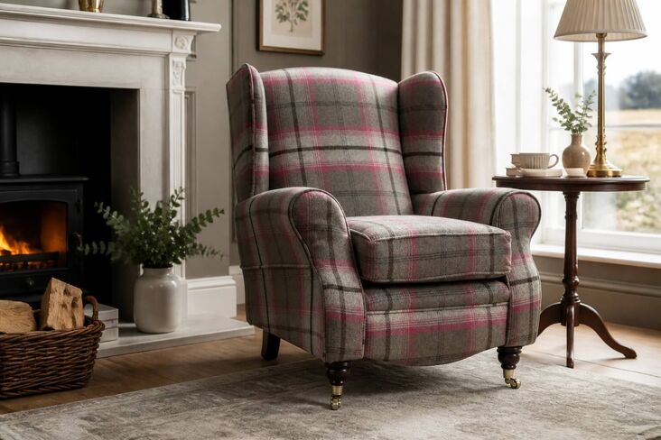 Sherlock Wingback Fireside High Back Armchair Balmoral Fuchsia Check P&S