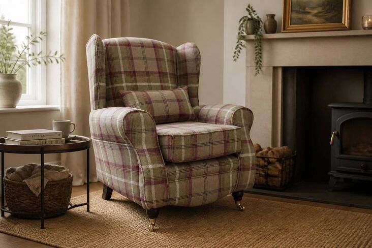 Sherlock Wingback Fireside High Back Armchair Balmoral Heather Check P&S