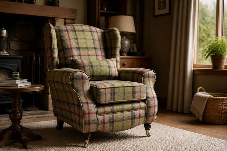 Sherlock Wingback Fireside High Back Armchair Balmoral Hunter Check P&S