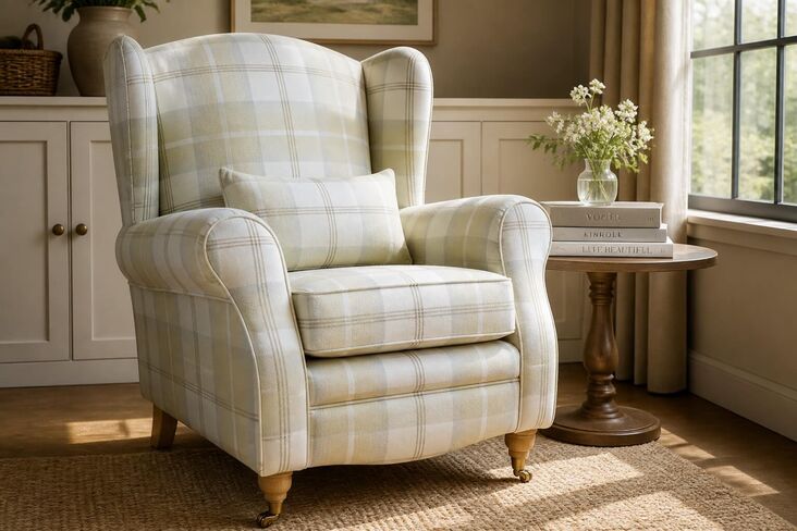 Sherlock Wingback Fireside High Back Armchair Balmoral Natural Check P&S
