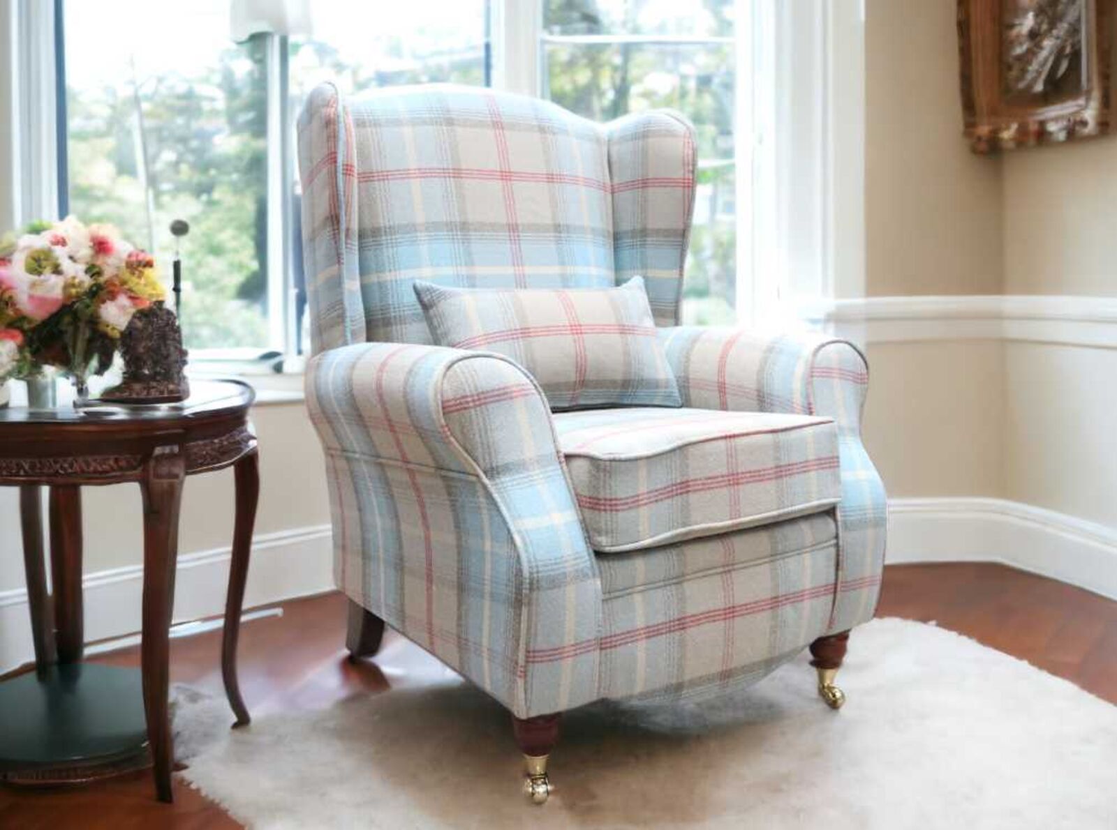 Product photograph of Sherlock Wingback Fireside High Back Armchair Balmoral Ocean Check P Amp S from Designer Sofas 4U