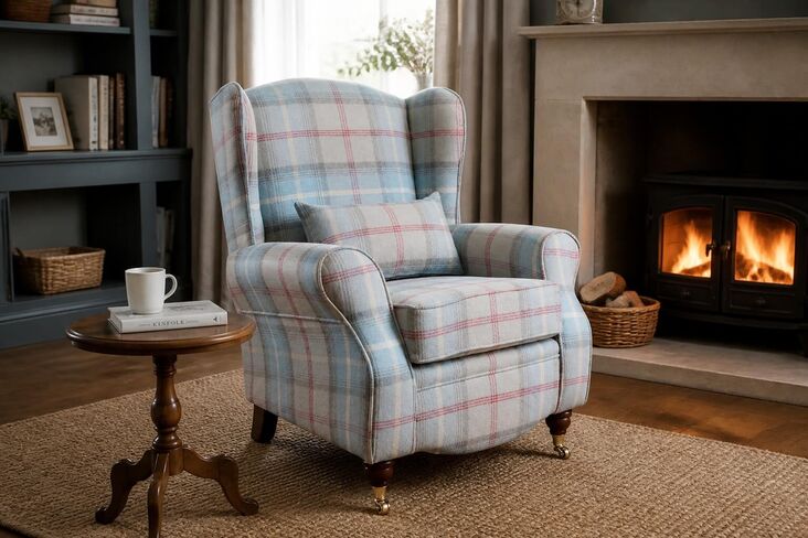 Sherlock Wingback Fireside High Back Armchair Balmoral Ocean Check P&S