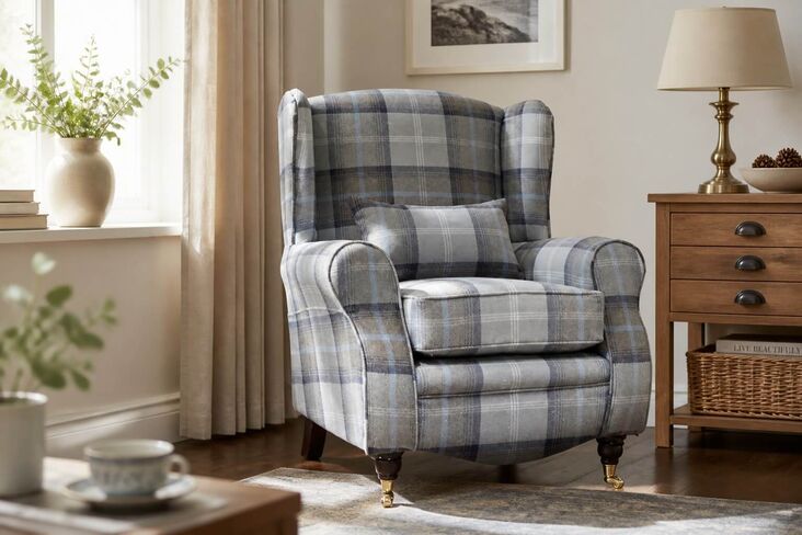 Sherlock Wingback Fireside High Back Armchair Balmoral Oxford Blue Check P&S