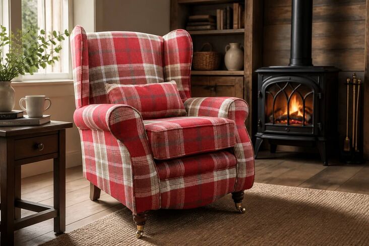 Sherlock Wingback Fireside High Back Armchair Balmoral Red Check P&S