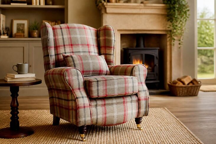 Sherlock Wingback Fireside High Back Armchair Balmoral Rosso Check P&S