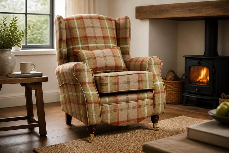 Sherlock Wingback Fireside High Back Armchair Balmoral Rust Check P&S