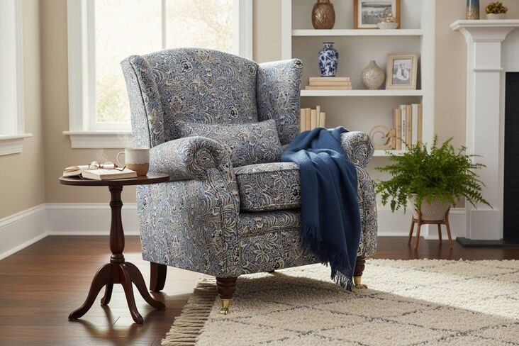 SPECIAL OFFER Wing Chair Fireside High Back Armchair William Morris Indian Azure Tapestry Fabric