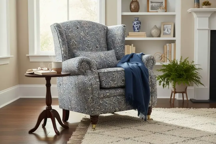 SPECIAL OFFER Wing Chair Fireside High Back Armchair William Morris Indian Azure Tapestry Fabric