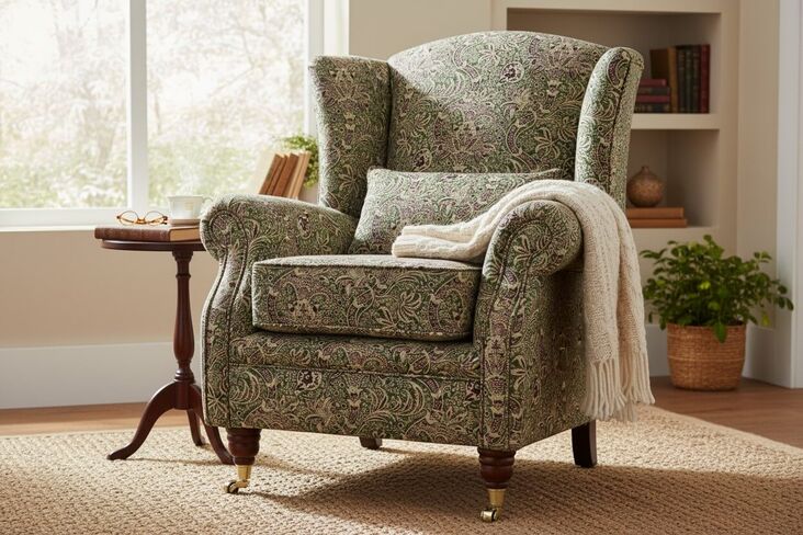 SPECIAL OFFER Wing Chair Fireside High Back Armchair William Morris Indian Forest Tapestry Fabric