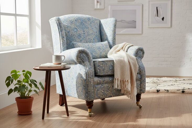 SPECIAL OFFER Wing Chair Fireside High Back Armchair William Morris Indian Natural Tapestry Fabric