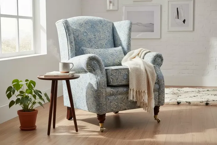 SPECIAL OFFER Wing Chair Fireside High Back Armchair William Morris Indian Natural Tapestry Fabric
