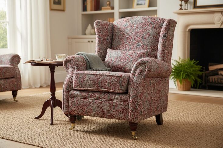 SPECIAL OFFER Wing Chair Fireside High Back Armchair William Morris Indian Wine Tapestry Fabric