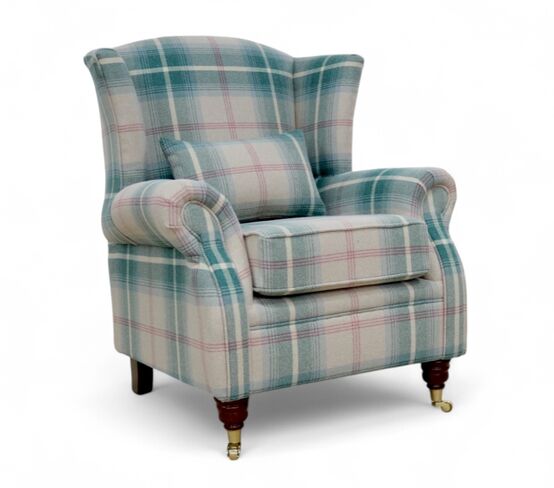 Classic Wingback Armchair in Balmoral Teal Tartan | Beige & Green Plaid | Classic Plaid Accent Chair for Living Room
