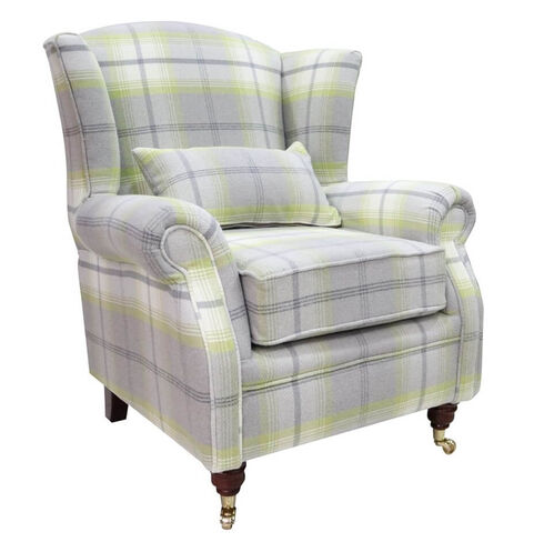 Wing Chair Fireside High Back Armchair Balmoral Citrus Green Check Fabric P&S