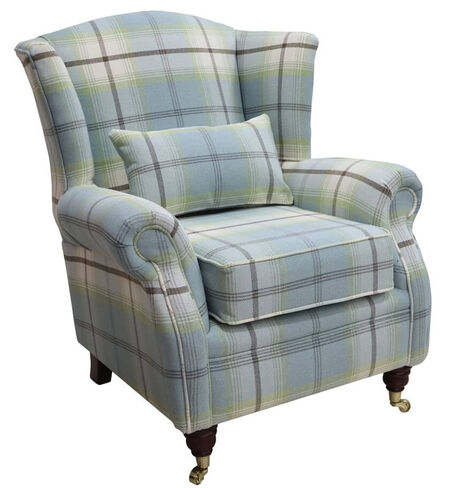 Wing Chair Fireside High Back Armchair Balmoral Duck Egg Blue Check Fabric P&S