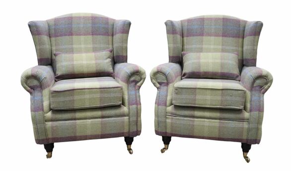 Wing Chair Fireside Armchairs Balmoral Pistachio Check Fabric
