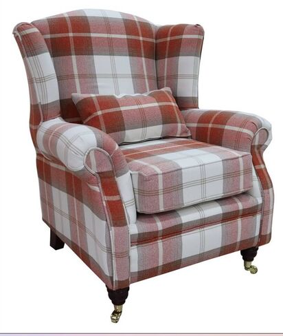 Wing Chair Fireside High Back Armchair Balmoral Burnt Orange Check Fabric P&S