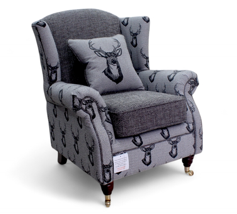 Wing Chair Fireside High Back Armchair Antler Stag Charcoal Grey