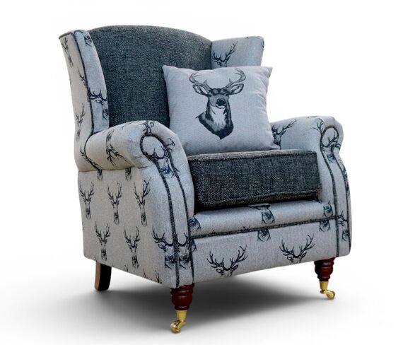 Wing Chair Fireside High Back Armchair Antler Stag Charcoal Grey