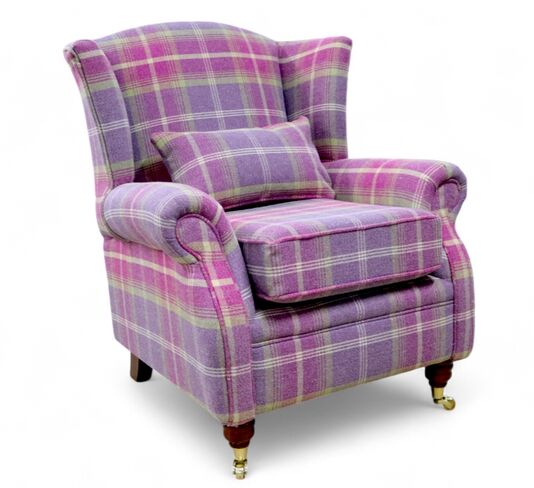 Wing Chair Fireside High Back Armchair Balmoral Amethyst Check Fabric P&S