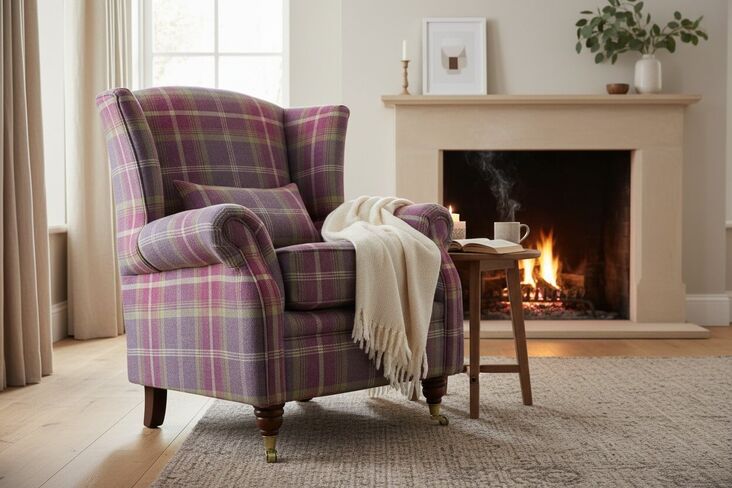 Wing Chair Fireside High Back Armchair Balmoral Amethyst Check Fabric P&S