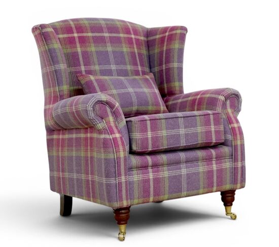 Wing Chair Fireside High Back Armchair Balmoral Amethyst Check Fabric P&S
