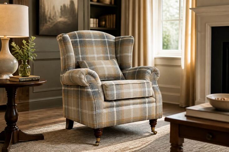 Wing Chair Fireside High Back Armchair Balmoral Antique Gold Check Fabric P&S Tartan | Beige & Grey Plaid | Elegant Lounge Chair with Wooden Legs