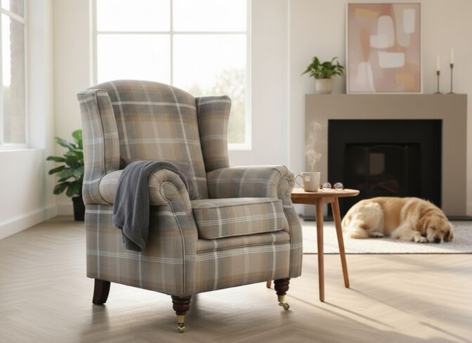 Wing Chair Fireside High Back Armchair Balmoral Antique Gold Check Fabric P&S Tartan | Beige & Grey Plaid | Elegant Lounge Chair with Wooden Legs