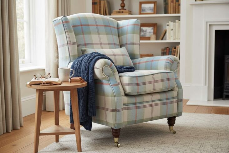 Wing Chair Fireside High Back Armchair Balmoral Aqua Blue Check Fabric P&S