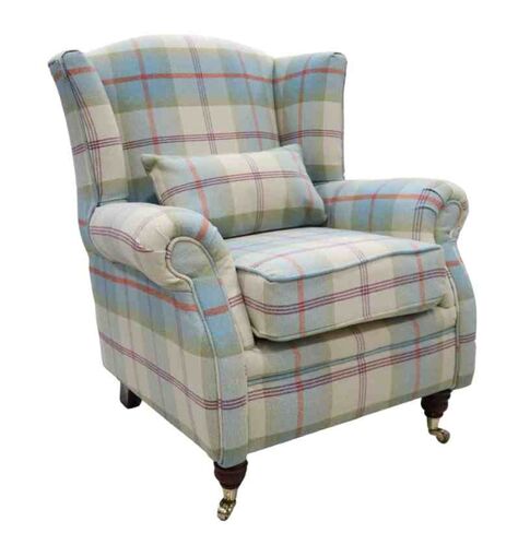 Wing Chair Fireside High Back Armchair Balmoral Aqua Blue Check Fabric P&S