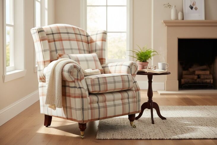 Wing Chair Fireside High Back Armchair Balmoral Autumn Check Fabric P&S