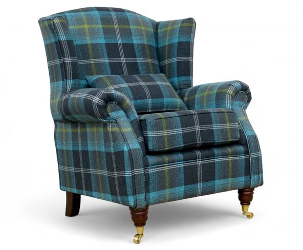 Wing Chair Fireside High Back Armchair Balmoral Azure Blue Check Fabric P&S