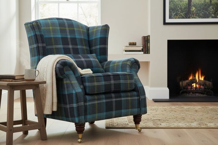 Wing Chair Fireside High Back Armchair Balmoral Azure Blue Check Fabric P&S