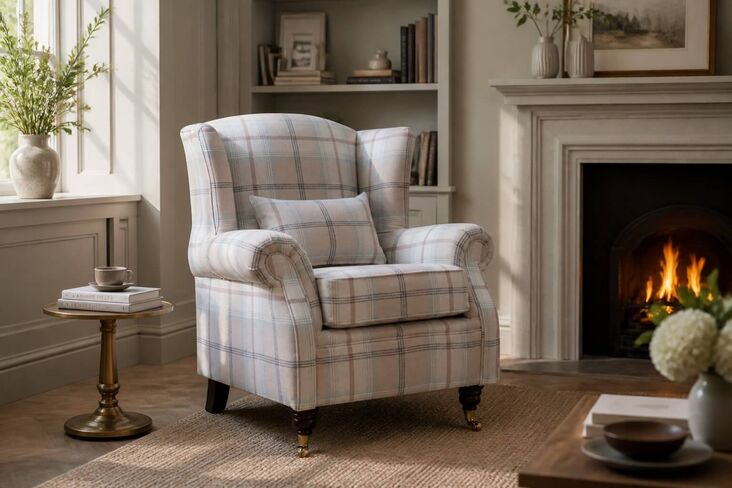 Wing Chair Fireside High Back Armchair Balmoral Blush Pink Check Fabric P&S