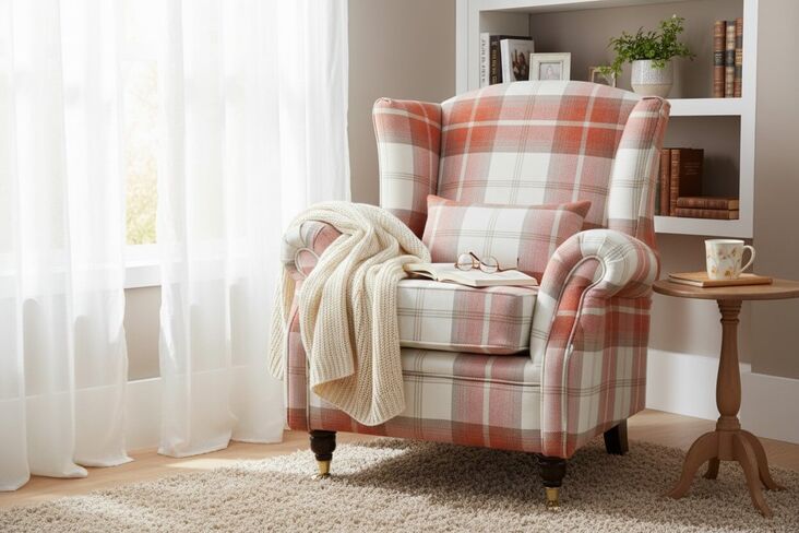 Wing Chair Fireside High Back Armchair Balmoral Burnt Orange Check Fabric P&S