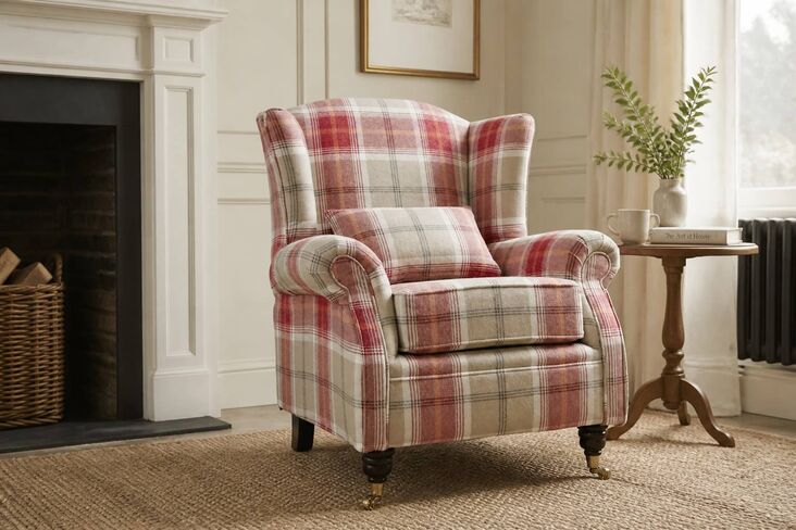 Wing Chair Fireside High Back Armchair Balmoral Cardinal Check Fabric P&S