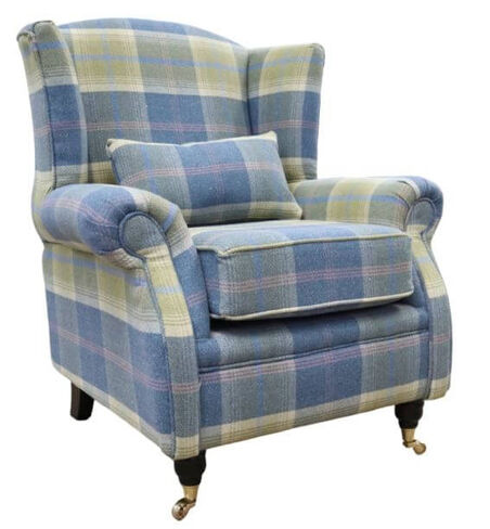 Wing Chair Fireside High Back Armchair Balmoral Chambray Check Fabric P&S