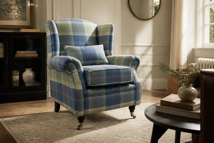 Wing Chair Fireside High Back Armchair Balmoral Chambray Check Fabric P&S