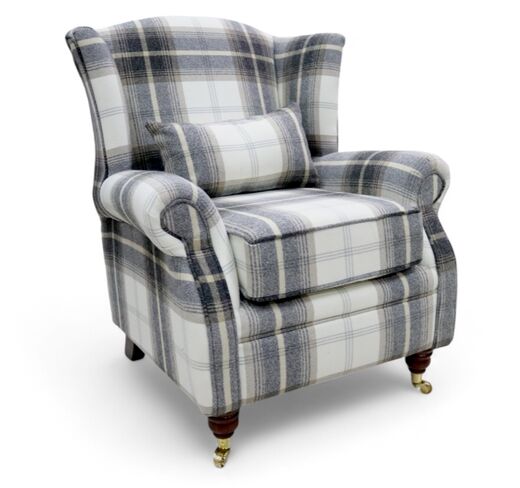 Wing Chair Fireside High Back Armchair Balmoral Charcoal Check Fabric P&S