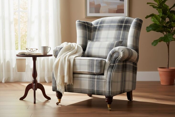 Wing Chair Fireside High Back Armchair Balmoral Charcoal Check Fabric P&S